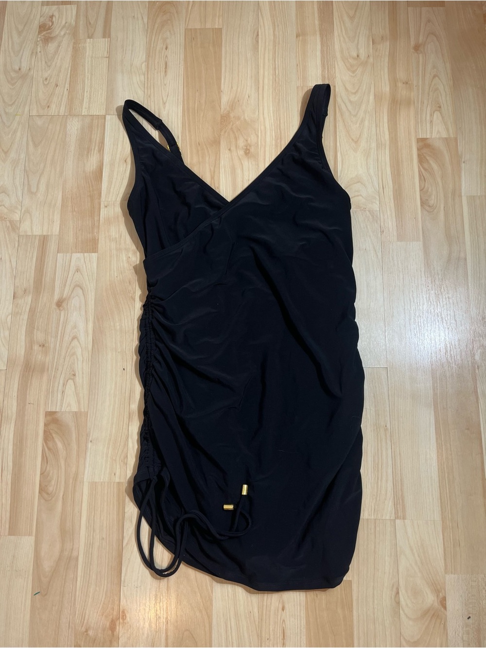 BEYOND CONTROL BLACK ESSENTIALS DRAPED V-NECK SWIM DRESS ONE
PIECE SWIMSUIT 10